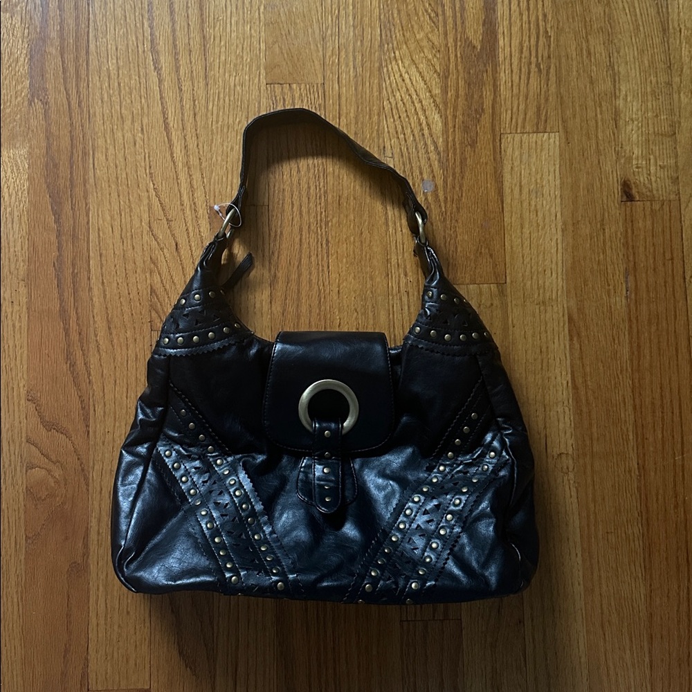 Black Faux Leather Studded Shoulder Bag